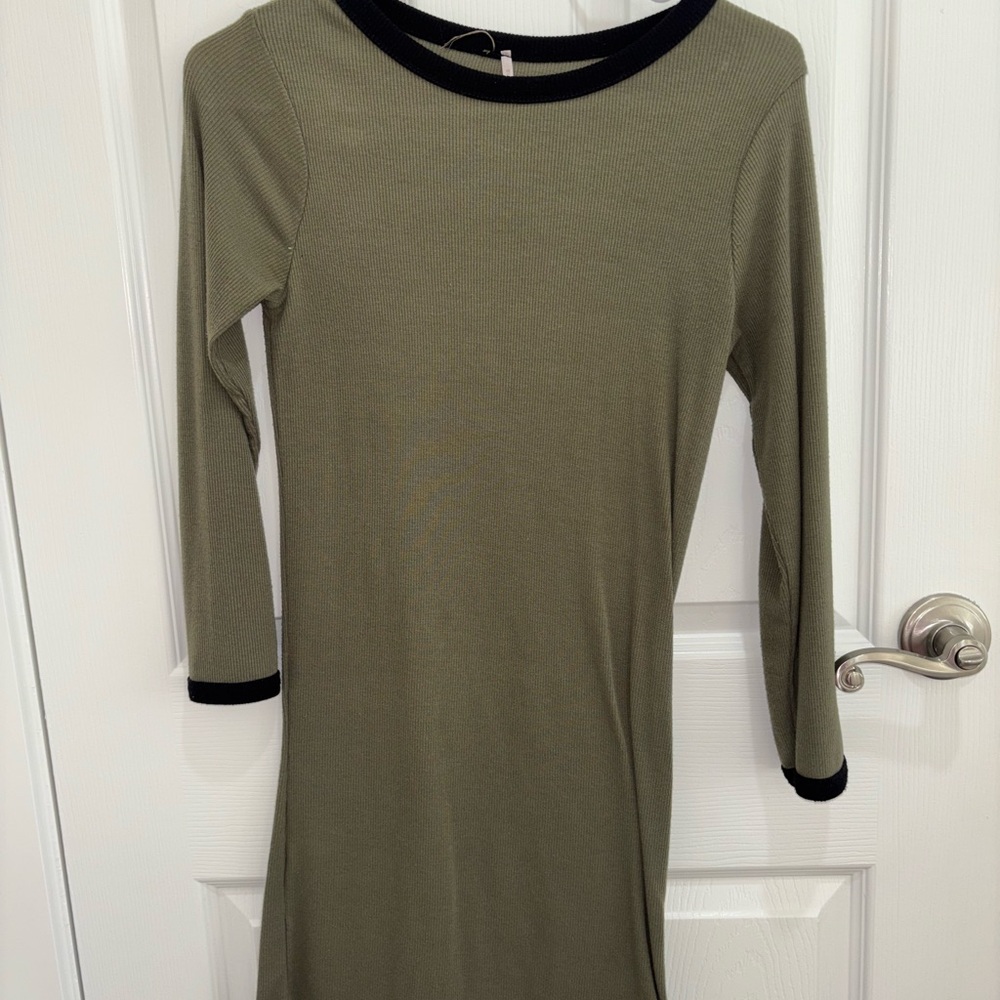Ambiance Olive Green Long Sleeve Dress with Black Accents